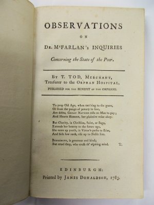 Observations on Dr. M'Farlan's Inquiries concerning the State of the Poor. Edinburgh, James Donaldson, 1783.