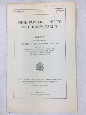 Nine Powers Treaty on Chinese Tariff. Treaty, relating to Chinese Customs Tariff. Washington, G.P.O., 1922.
