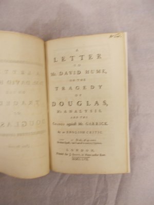 A Letter to Mr. David Hume, on the Tragedy of Douglas, It's Analysis, and the charge against Mr. Garrick. By an English Critic. London, J. Scott, 1757.