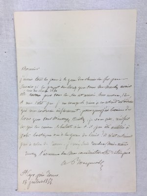 Alexis de Tocqueville writing to the Parisian Publisher and Bookseller Edouard Dentu (1830 - 1884), (Letter to Monsieur Dentu Librairie, Galerie d'Orleans, Palais Royal, Paris).  [Paris], 1853..