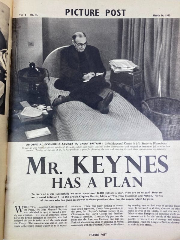 Mr. Keynes has a Plan: Unoficial Economic Advisor to Great Britain. In "Picture Post", Vol., No.11, March 16, 1940, pp.19 - 21. London, 1940.