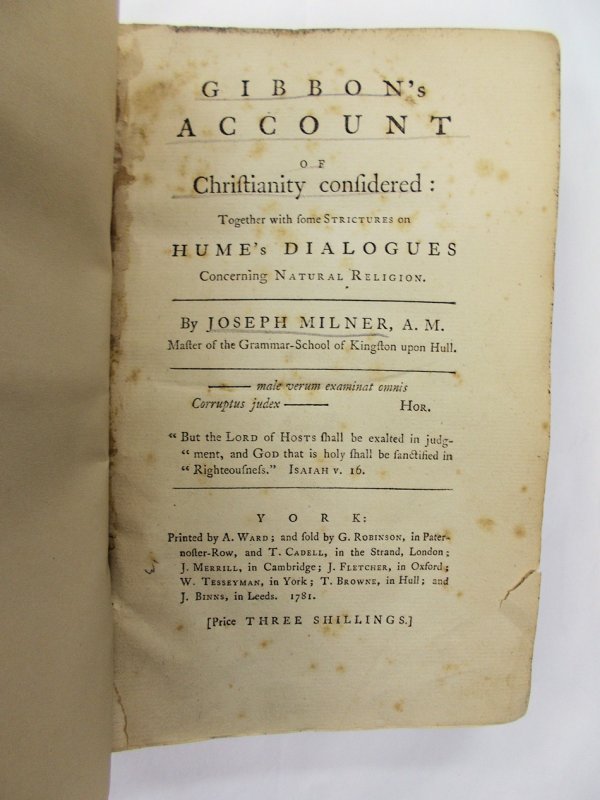 Gibbon's Account of Christianity considered: Together with some Strictures on Hume's Dialogues concerning Natural Religion. York, A. Ward, 1781.