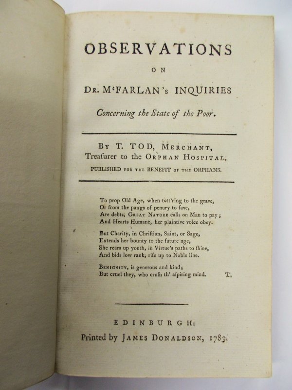Observations on Dr. M'Farlan's Inquiries concerning the State of the Poor. Edinburgh, James Donaldson, 1783.