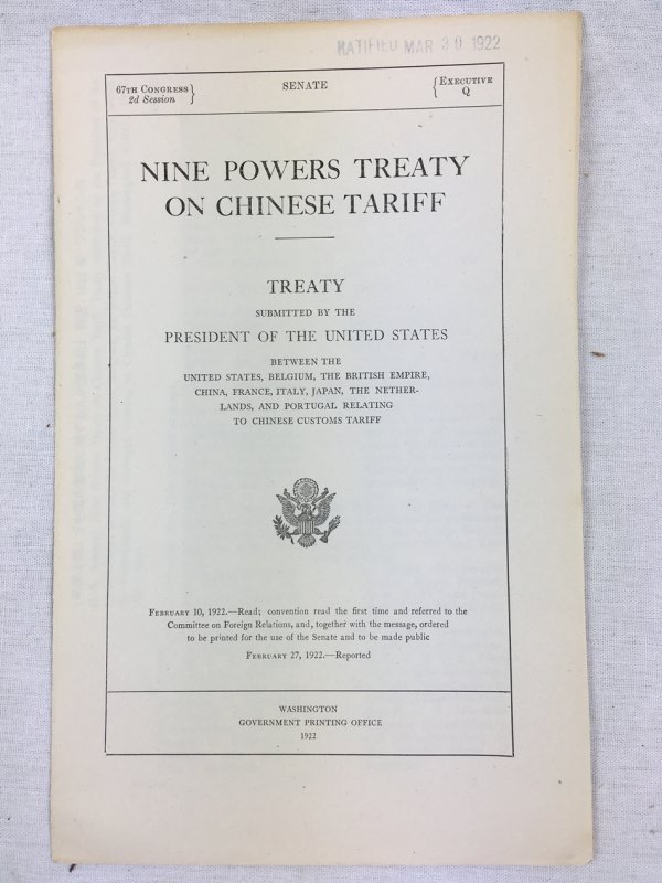 Nine Powers Treaty on Chinese Tariff. Treaty, relating to Chinese Customs Tariff. Washington, G.P.O., 1922.