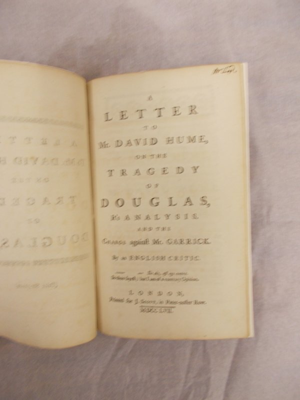 A Letter to Mr. David Hume, on the Tragedy of Douglas, It's Analysis, and the charge against Mr. Garrick. By an English Critic. London, J. Scott, 1757.