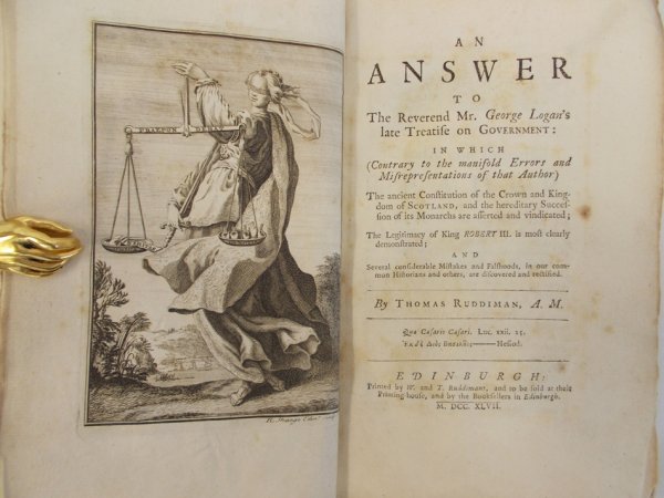 An Answer to the Reverend Mr. George Logan's late Treatise on Government. Edinburgh, printed by W. and T. Ruddiman, 1747.