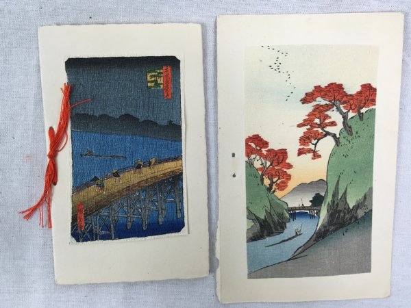 Set of 2 Japanese Crepe Paper Woodblock. Xmas Cards. ca.1910-1920s.