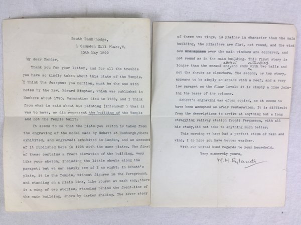Typed Letter signed by W. H. Rylands to Josiah Conder, concerning an Engraving of the Temple in Jerusalem. London, 1899..