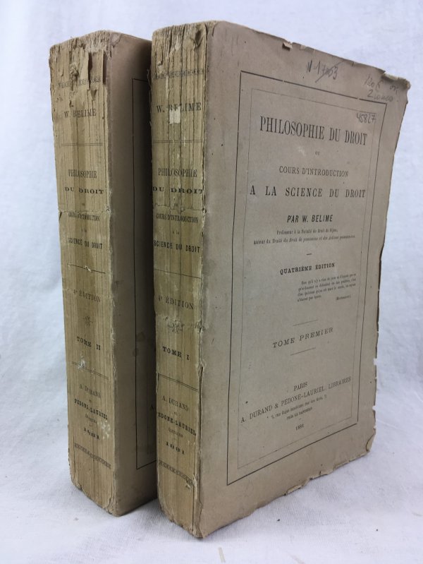 Philosophie du Droit ou Cours d'introduction a la Science du Droit. Tome 1-2. Paris, Durand, 1881.