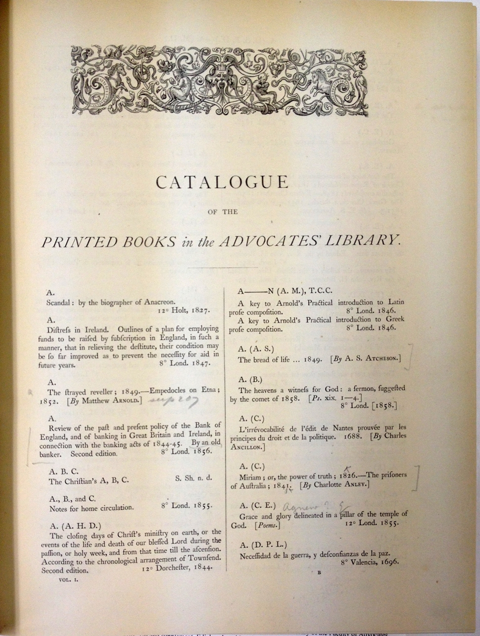 Catalogue of the Printed Books in the Library of the Faculty of Advocates. Vols. 1-6 and supplement. Edinburgh and London, Blackwood, 1863-79.