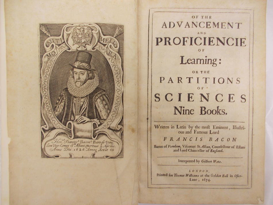 Of the Advancement and Proficiencie of Leaning: or, the Partitions of Sciences, nine books. Interpreted by Gilbert Wats. London, Thomas Williams, 1674.