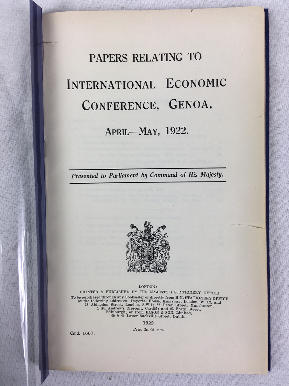 Papers relating to International Economic Conference, Genoa, April-May, 1922. Presented to Parliament by Command of His Majesty. [Cmd. 1667]. London, H.M.S.O., 1922.