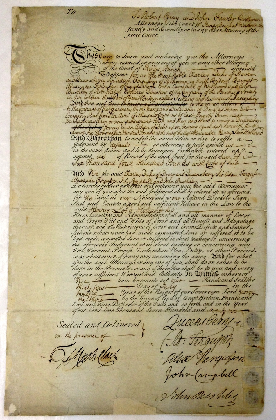 Document signed by the Directors of Douglas, Heron & Co., Bankers, of Ayr, instructing them to confess or suffer a Judgement by default in the sum of ￡6,400, 1772.