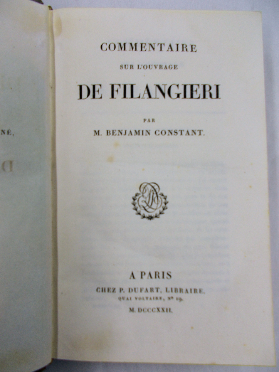 Commentaire sur l'ourvrage de Filangieri. 2 parties en un volume. Paris, P. Dufart, 1822.