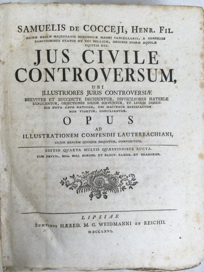 Jus Civile Controversum. Editio Quarta. Tomo 1-2. Lipsia (Leipzig), Weidmann, 1766.